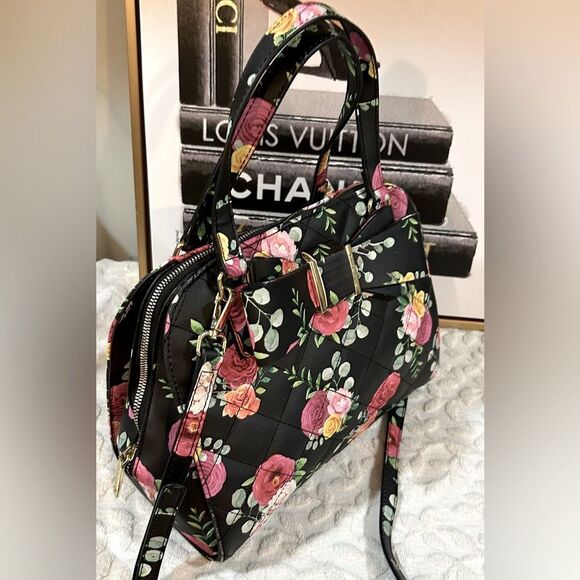 Betsey Johnson Black Rose & Bow Floral Satchel – Convertible Crossbody - Picture 6 of 12